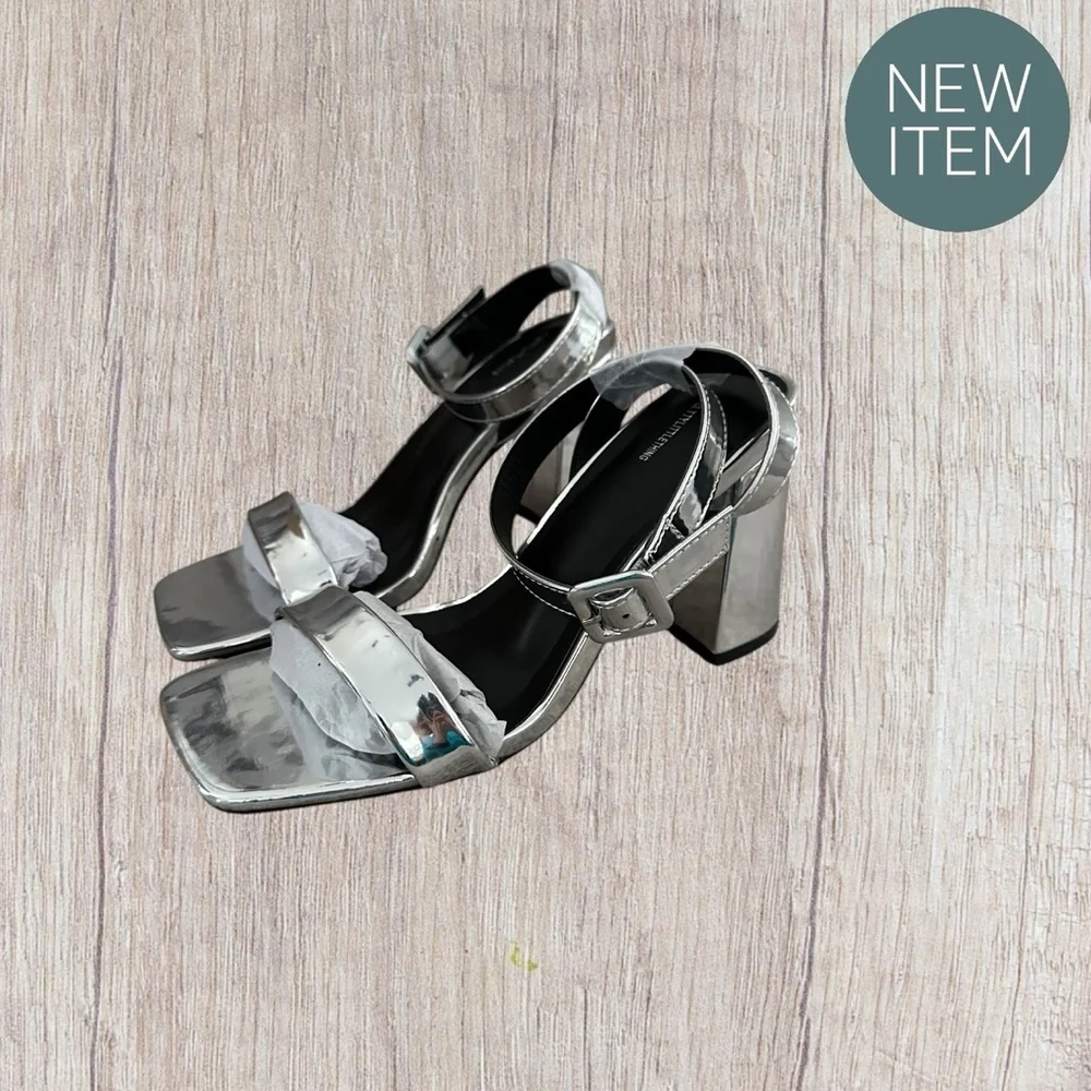 Pretty Little Thing Silver Metallic Block Heel Sandals, Size 37 / 4. Brand New!